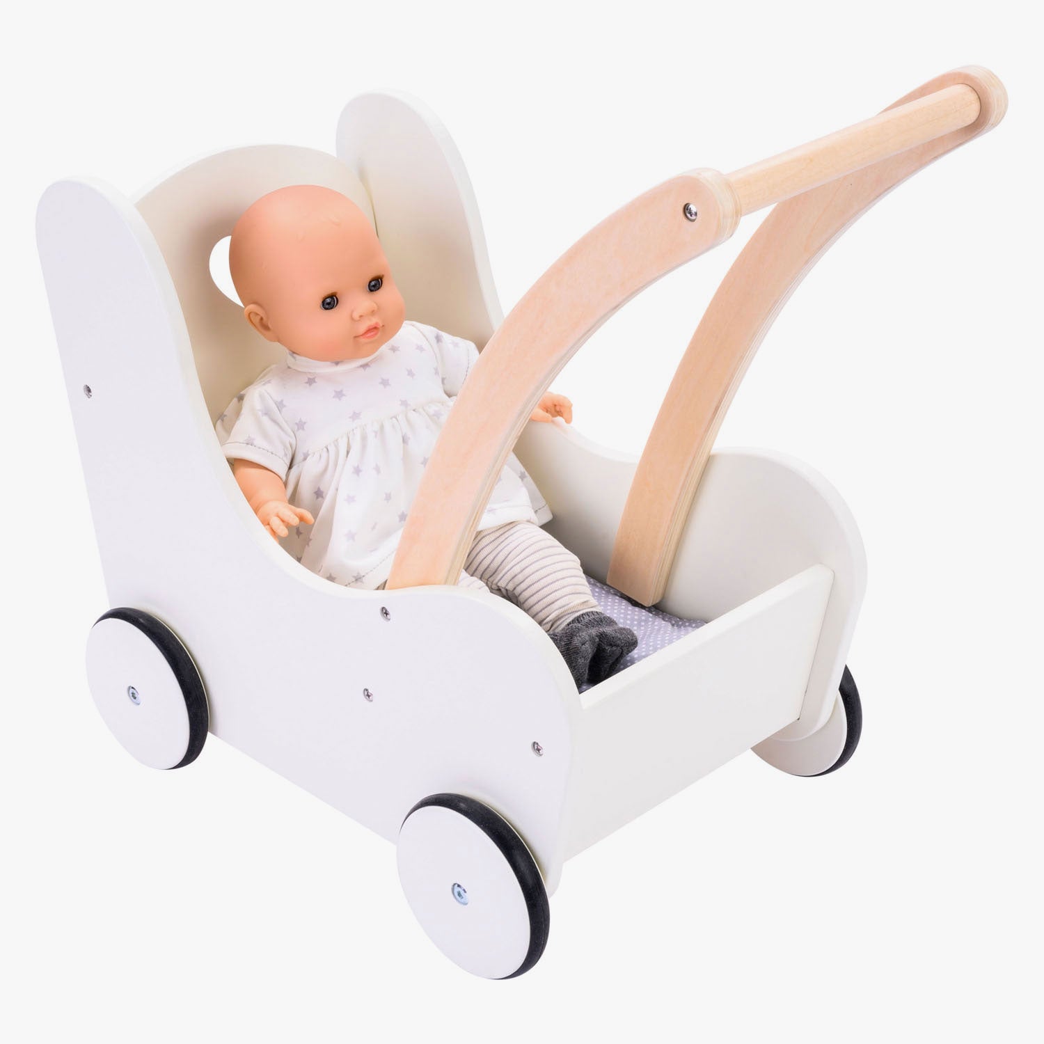 Houten poppenloopwagen grijs wit