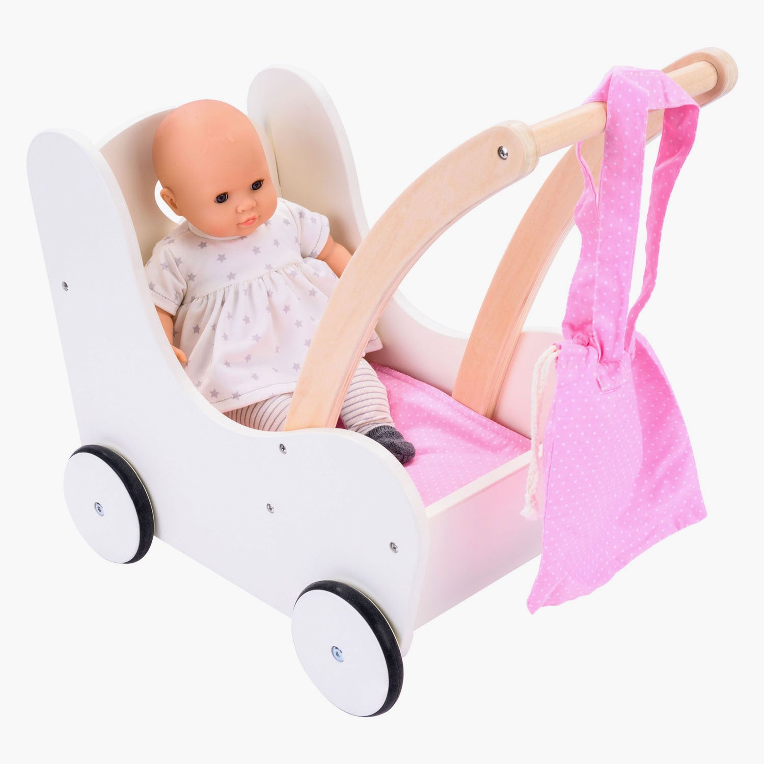 Engelhart houten poppenloopwagen roze wit