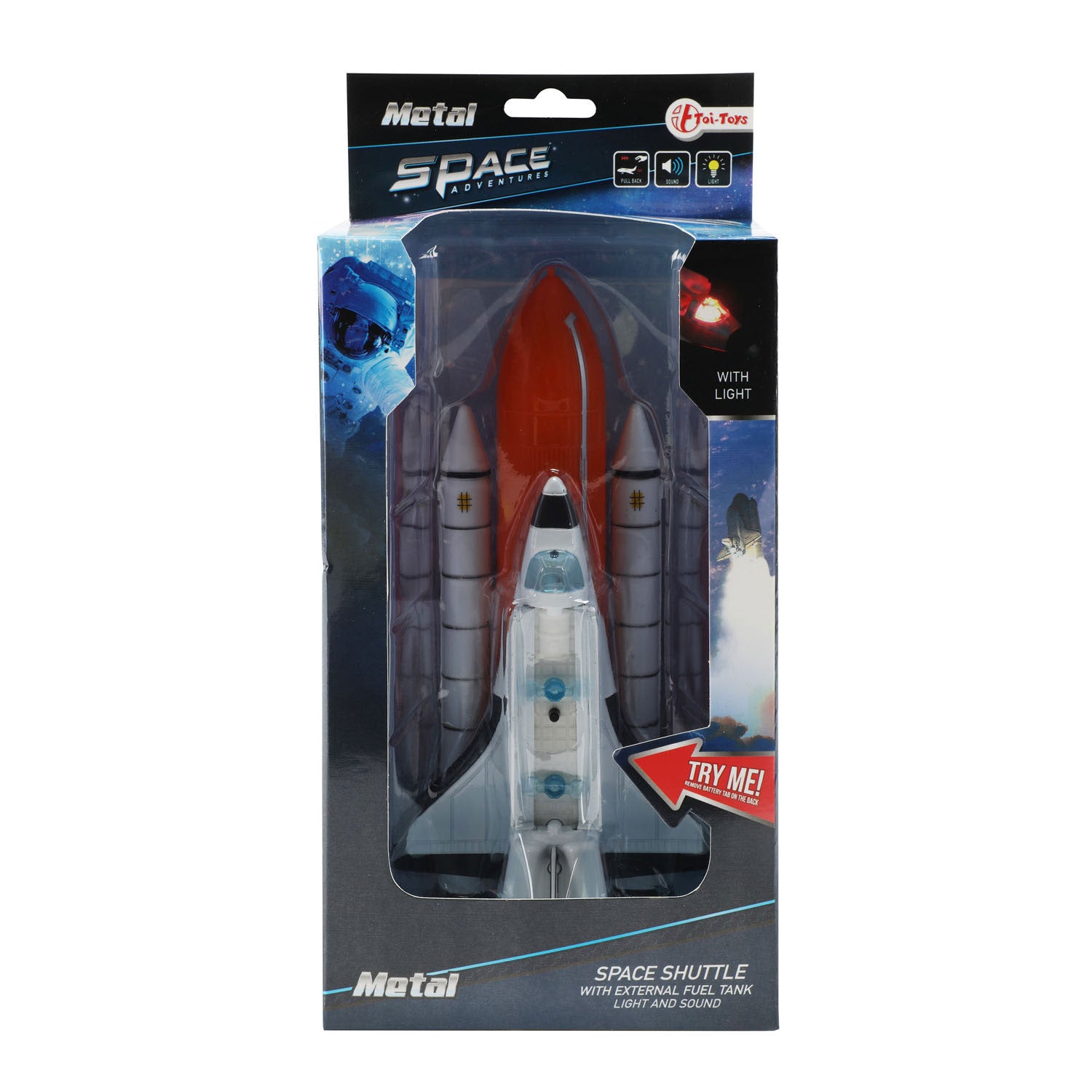 Metal space shuttle met externe brandstoftank licht en geluid