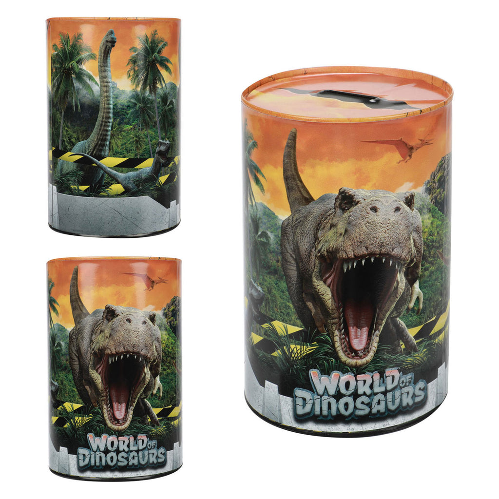 Van der doelen world of dinosaurussen spaarpot van blik