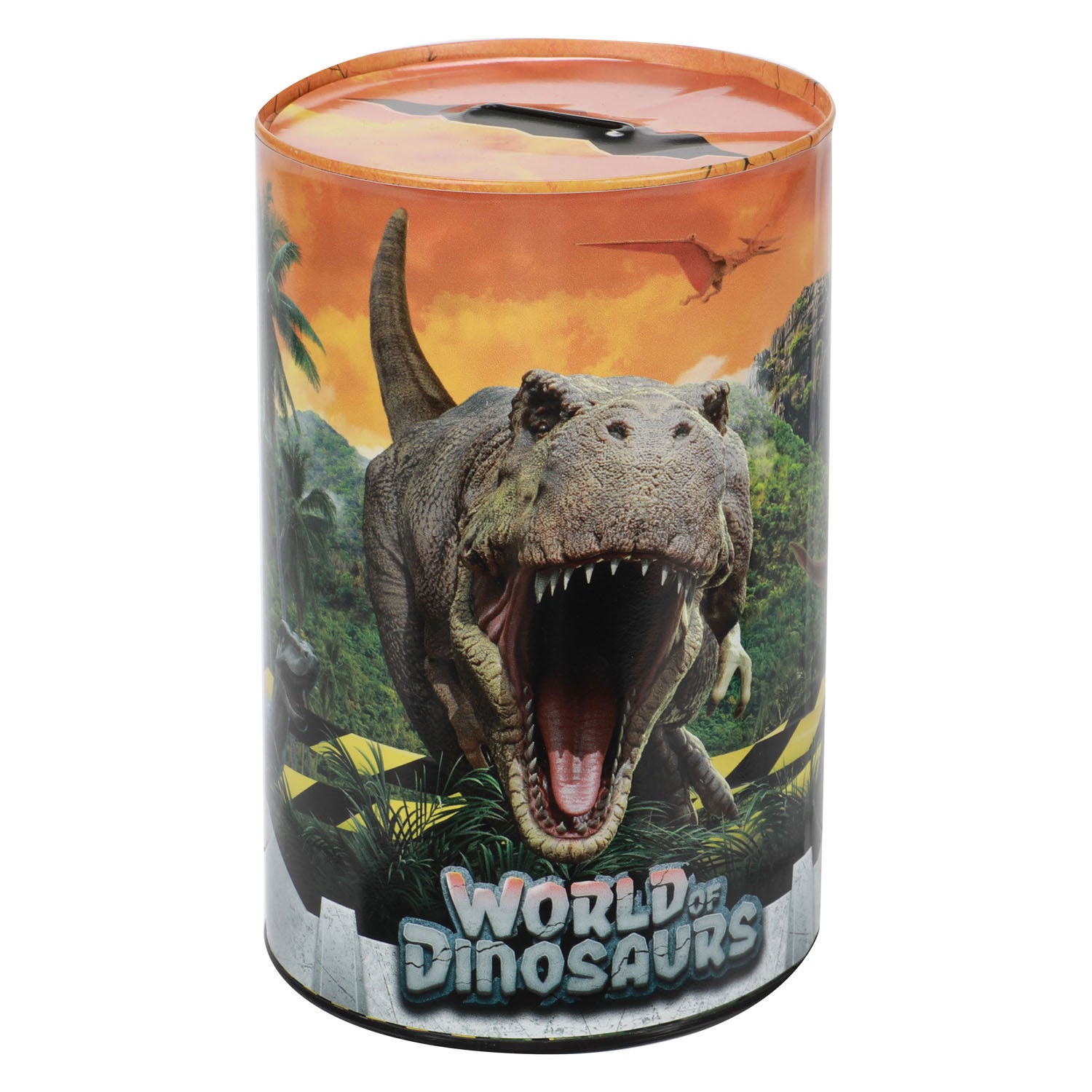 Van der doelen world of dinosaurussen spaarpot van blik