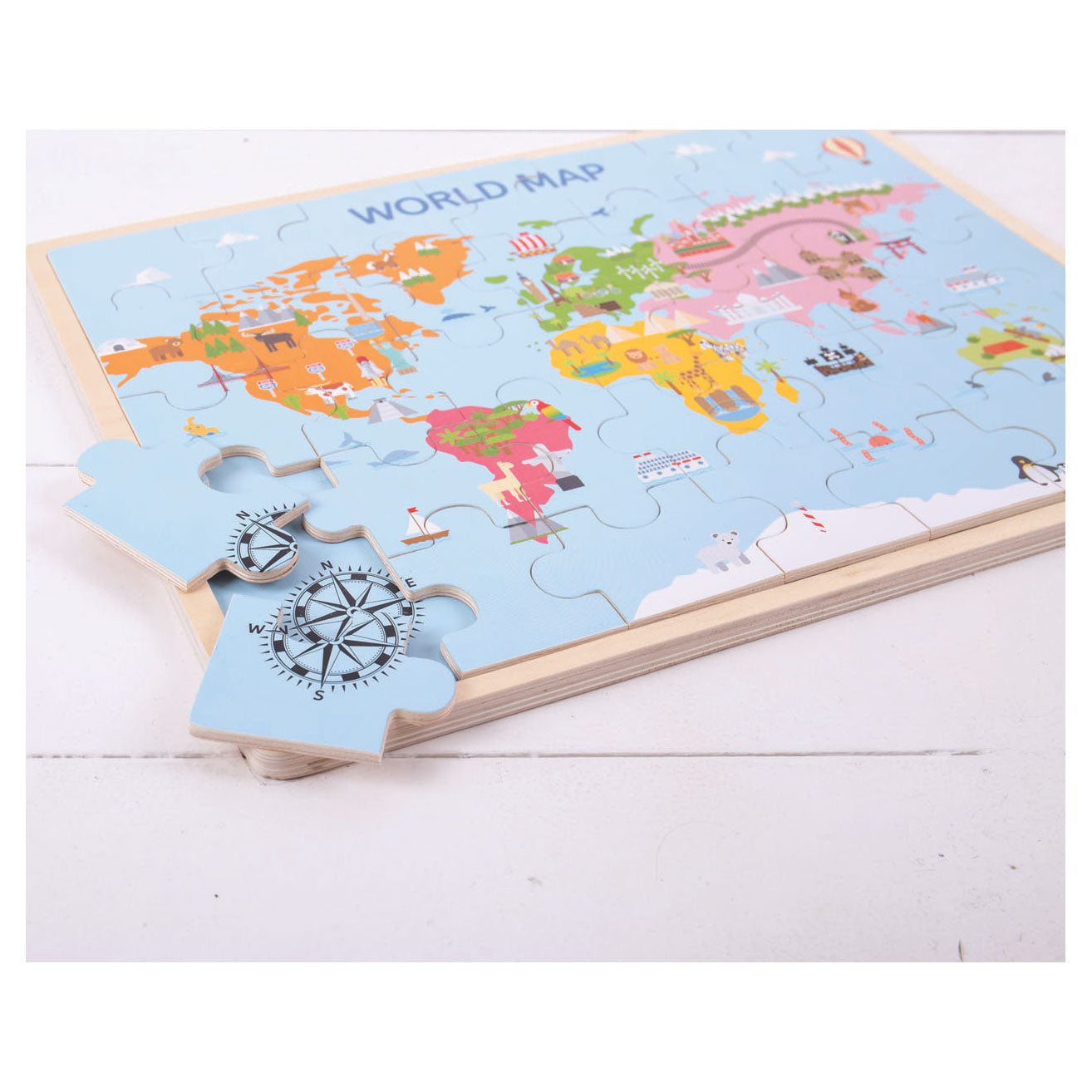 Bigjigs houten wereldkaart puzzel, 35dlg.