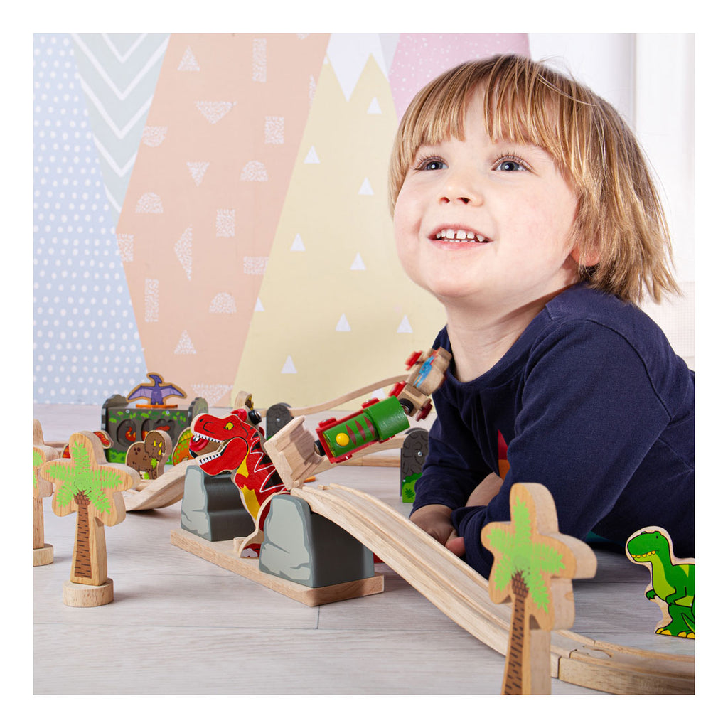 bigjigs houten rails barstende brug t-rex dino, 7dlg.