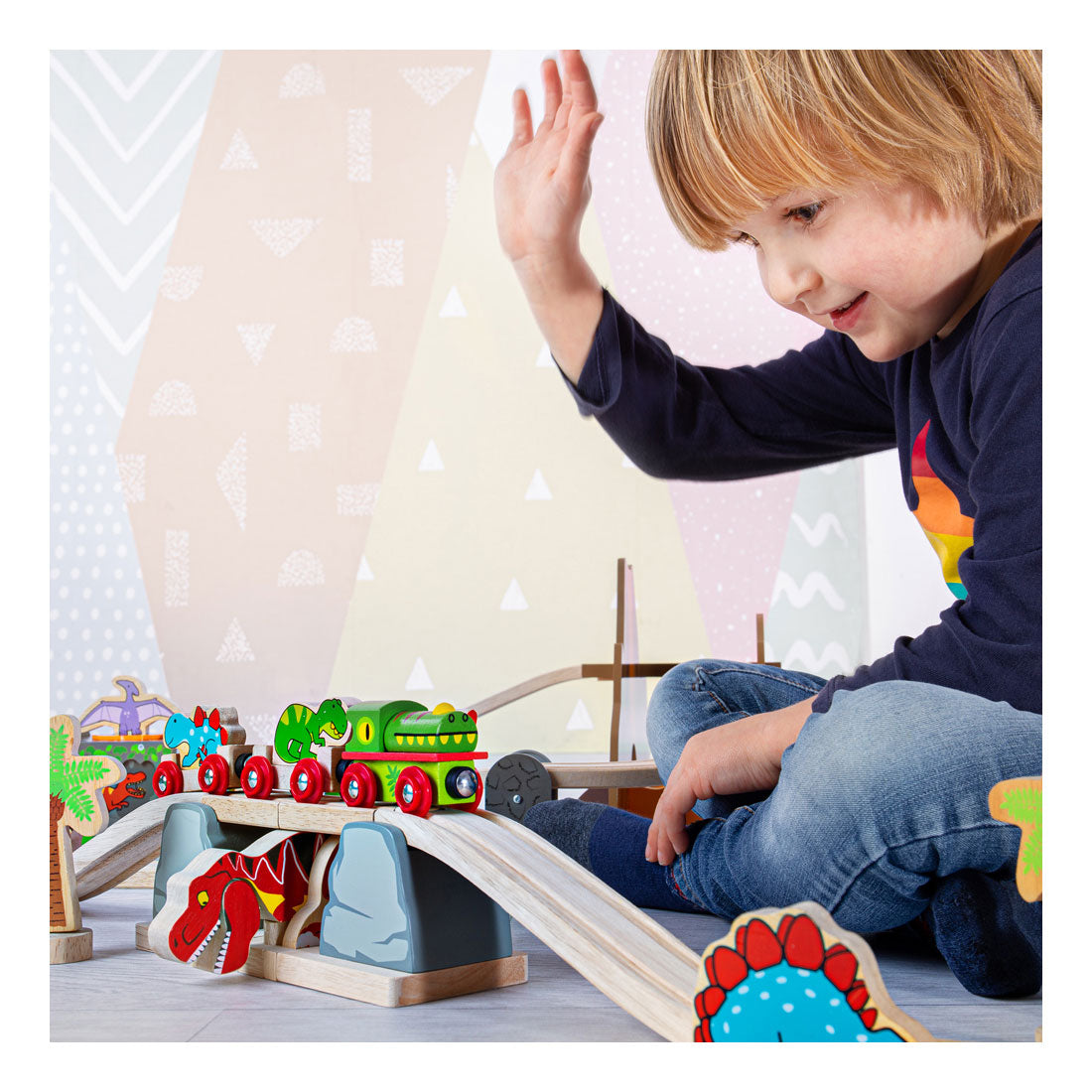 bigjigs houten rails barstende brug t-rex dino, 7dlg.