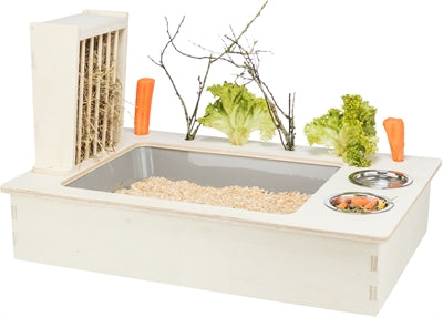 trixie voederstation met voerbak waterbak hooiruif hout naturel