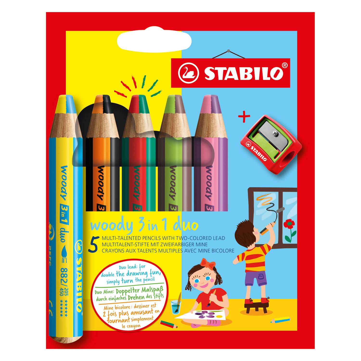 Stabilo woody 3 in 1 duo - multitalent kleurpotlood - set 5 st. + puntenslijper