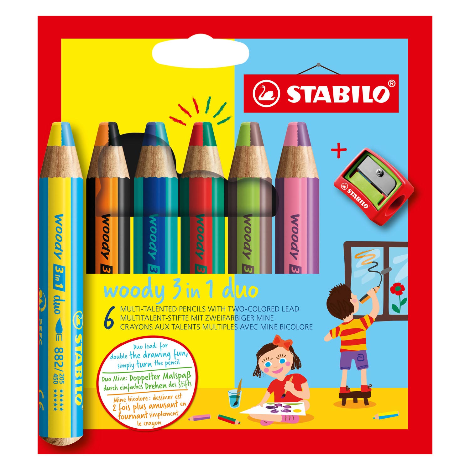 Stabilo woody 3 in 1 duo - multitalent kleurpotlood - set 6 st. + puntenslijper