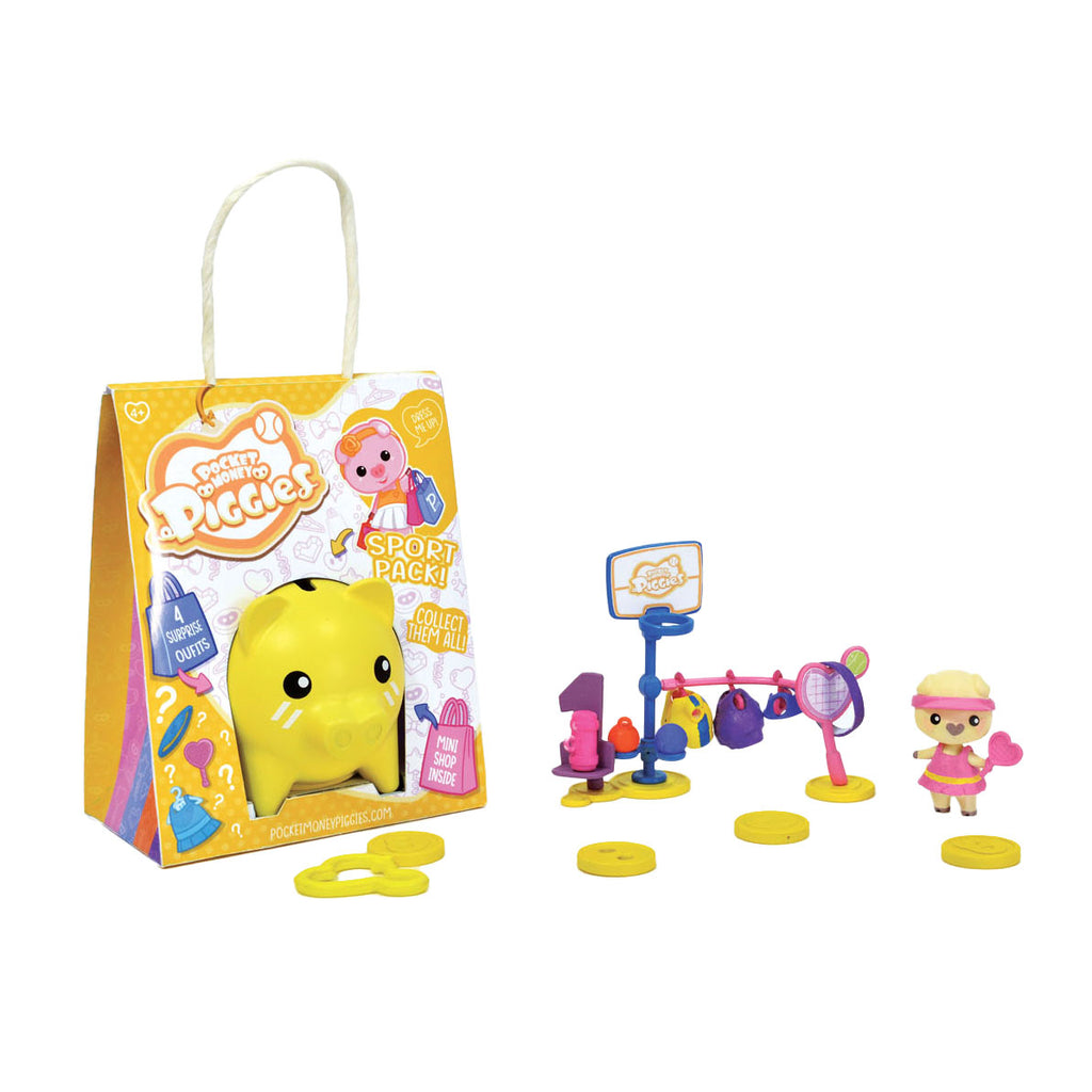 Pocket money piggies pockey money piggies speelfiguur met spaarpot - sports pack