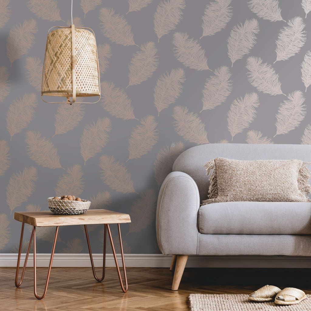 Dutch wallcoverings behang fawning feather grijs en roségoudkleurig