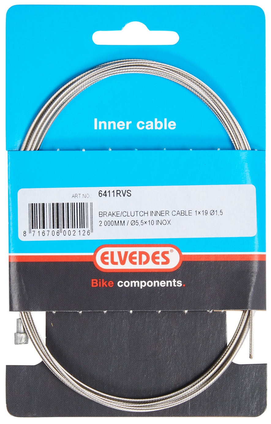 Elvedes rem binnenkabel 2 000 mm 1×19 draads rvs ø1,5mm met v-nippel ø5,5 × 10