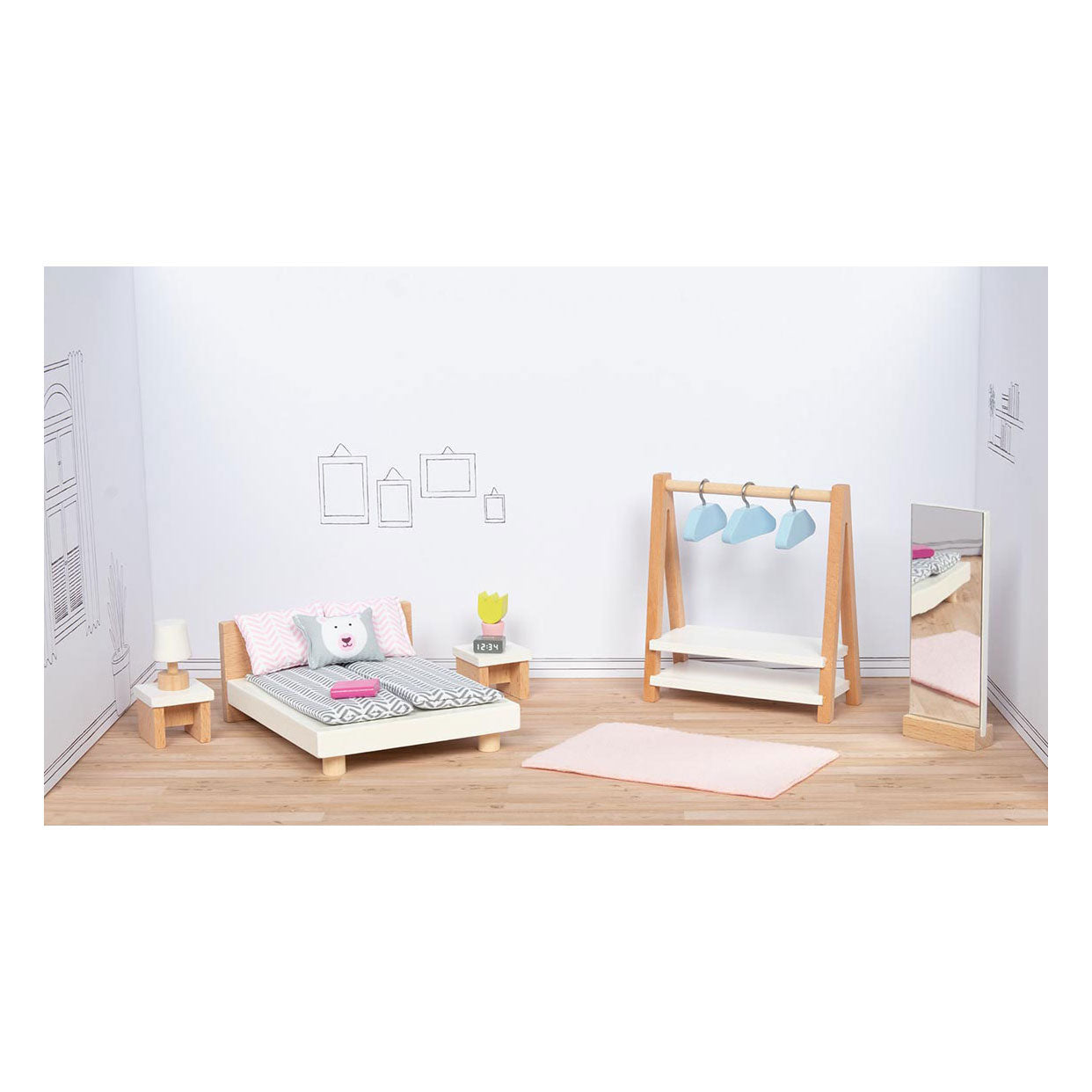 Goki houten poppenmeubels slaapkamer, 18dlg.