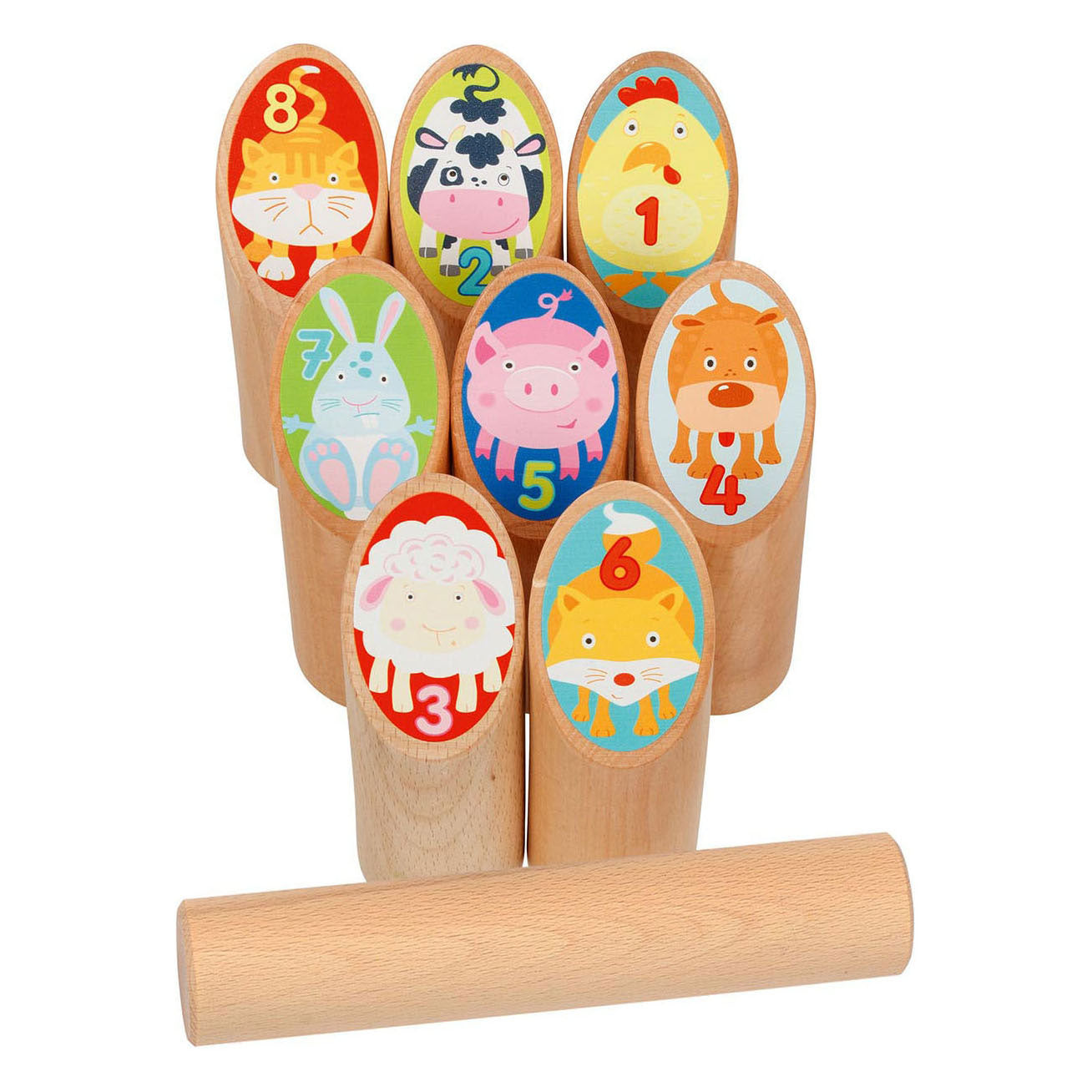 Goki houten viking spel dieren kubb in katoenen zak