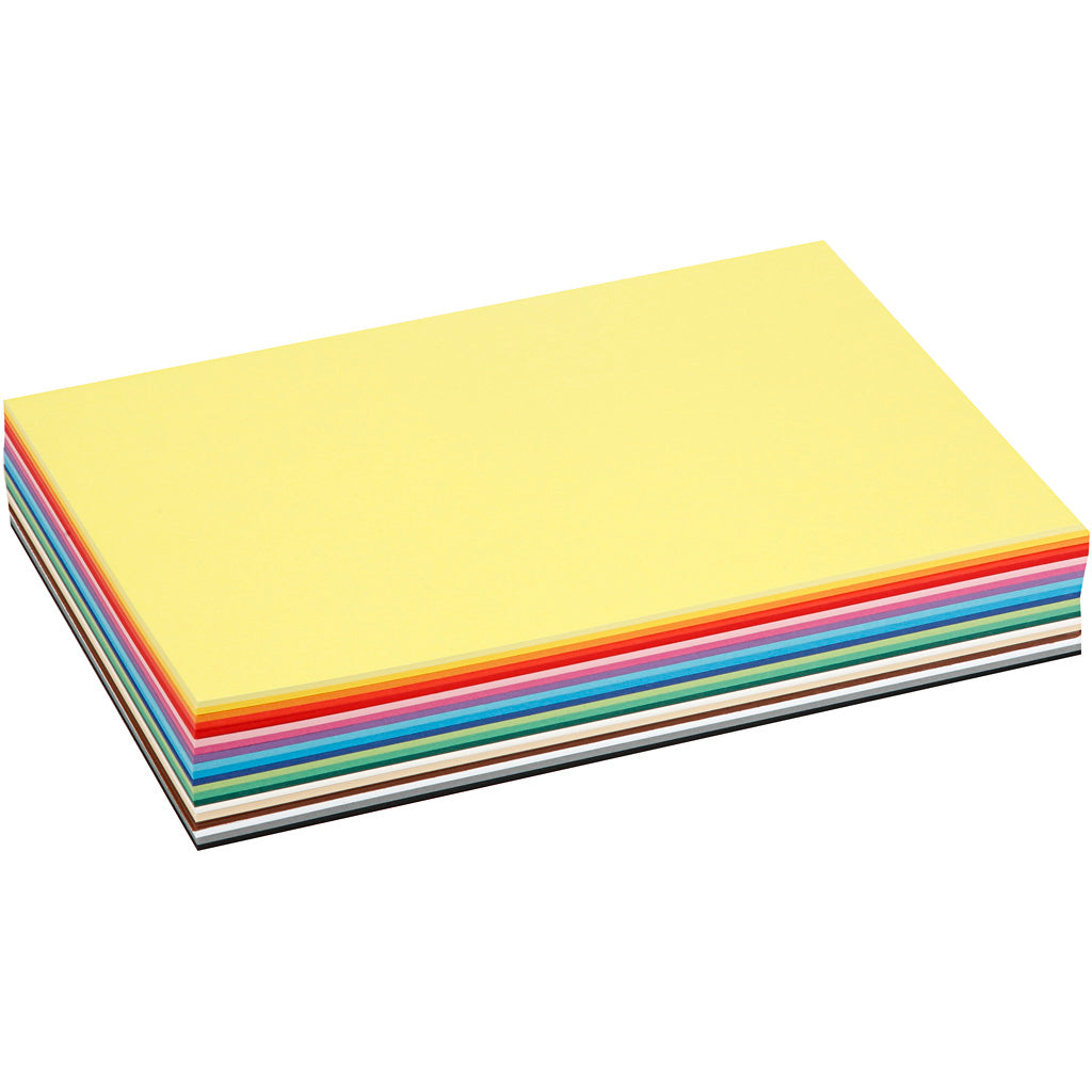Gekleurd karton, a4, vel 210x297 mm, 180 gr, diverse kleuren, 300 div vellen 1 doos