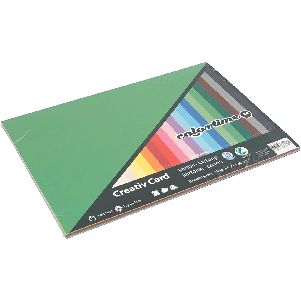Creativ company gekleurd karton, a4, vel 210x297 mm, 180 gr, diverse kleuren, 30 div vellen 1 doos