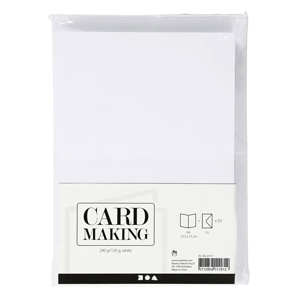 Creativ company kaarten en enveloppen, afmeting kaart 10,5x15 cm, afmeting envelop 11,5x16,5 cm, 120+240 gr, wit, 50 set 1 doos