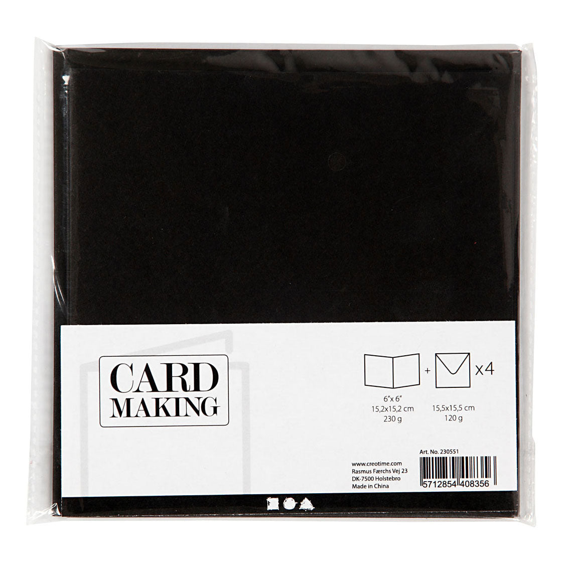 Kaarten en enveloppen, afmeting kaart 15,2x15,2 cm, afmeting envelop 16x16 cm, 230 gr, zwart, 4 set 1 doos