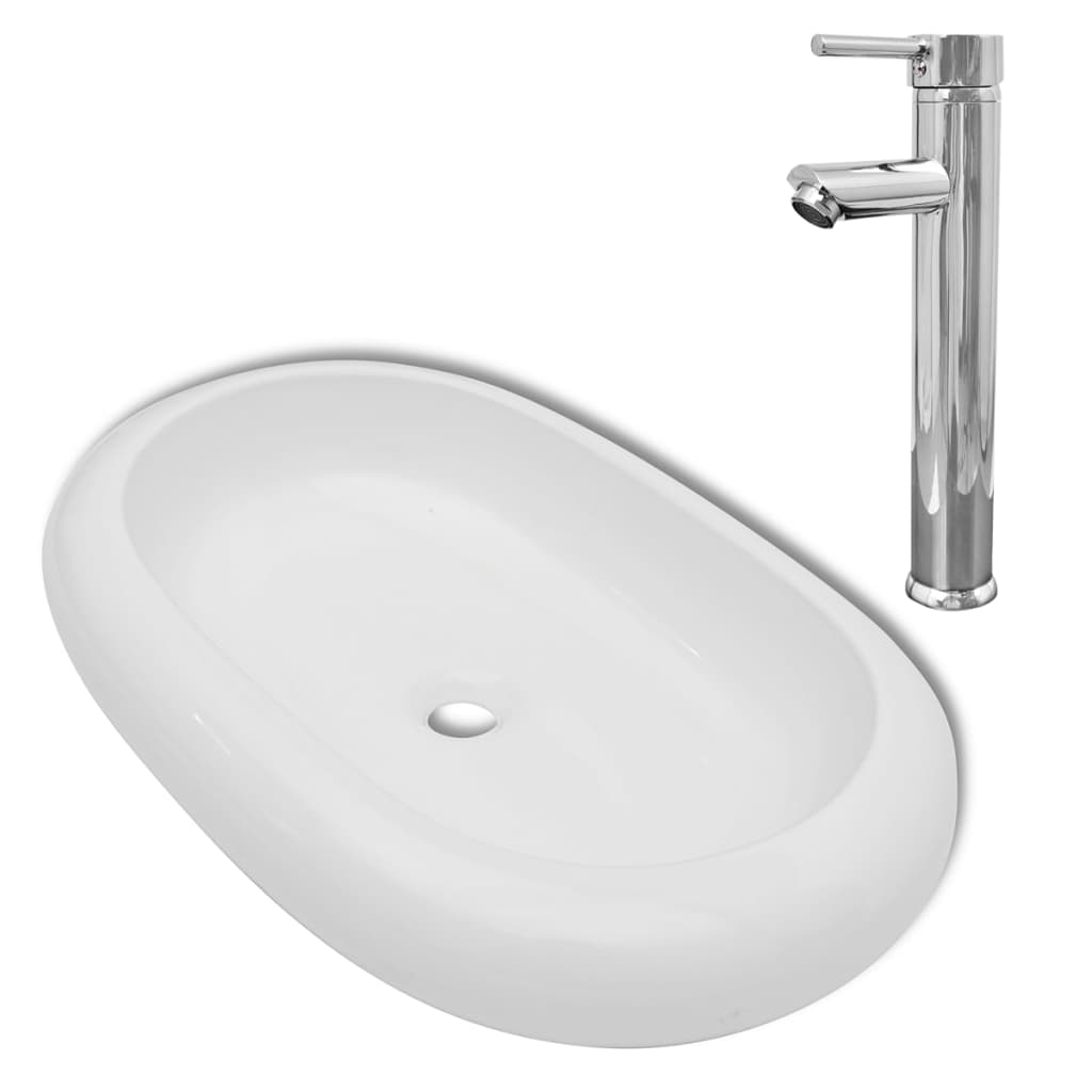 Vidaxl badkamerwastafel met mengkraan ovaal keramiek wit