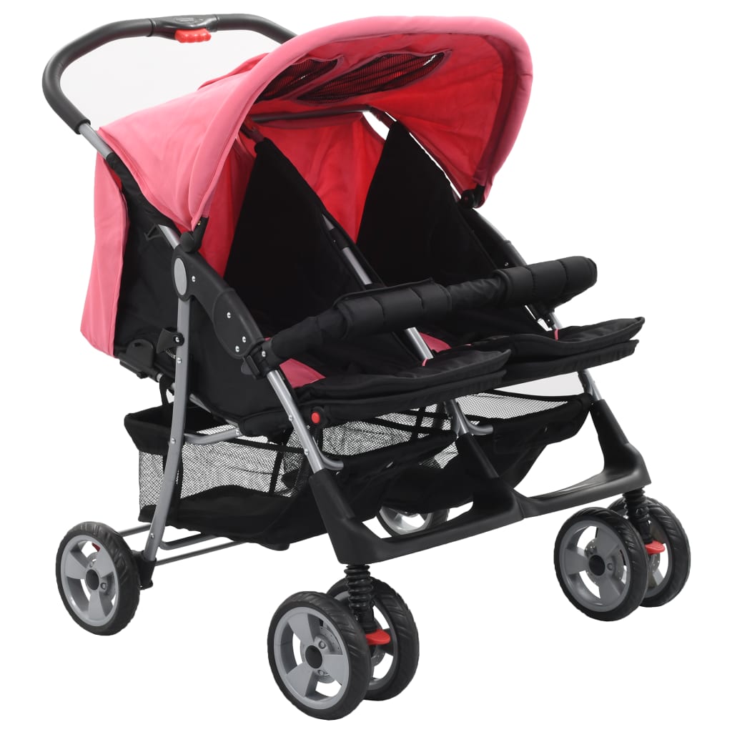 Vidaxl tweelingkinderwagen staal roze en zwart