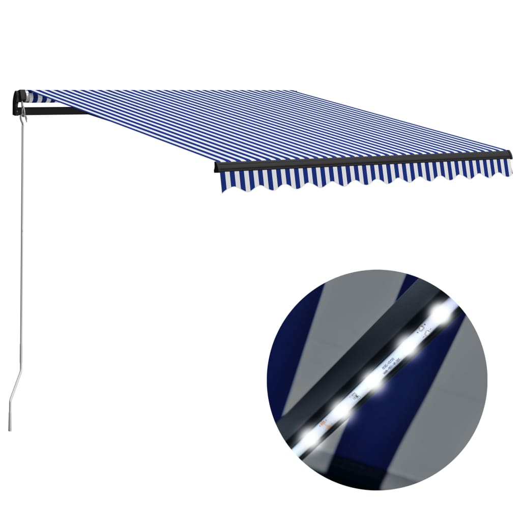 Vidaxl luifel handmatig uittrekbaar met led 300x250 cm blauw en wit