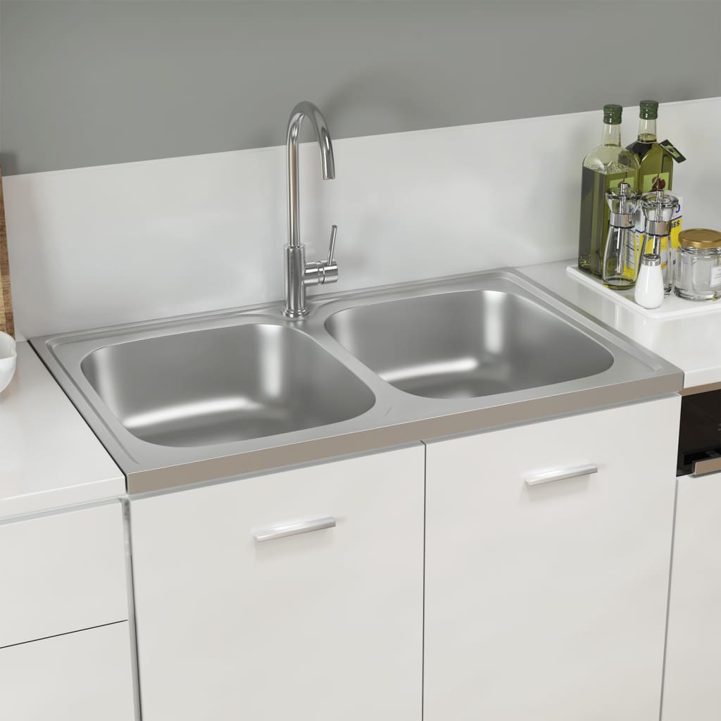 Vidaxl gootsteen dubbele bakken 800x500x155 mm roestvrij staal zilver