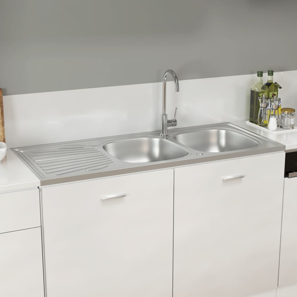 Vidaxl gootsteen dubbele bakken 1200x500x155 mm roestvrij staal zilver