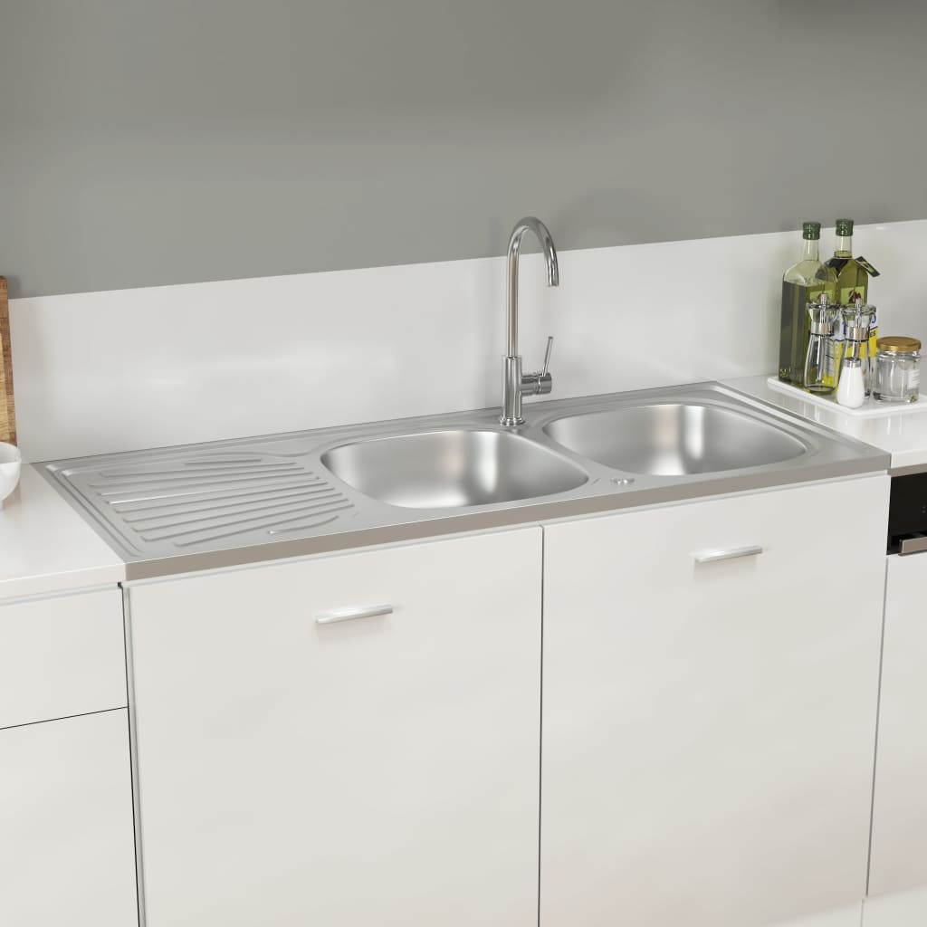 Vidaxl gootsteen dubbele bak 1200x600x155 mm roestvrij staal zilver