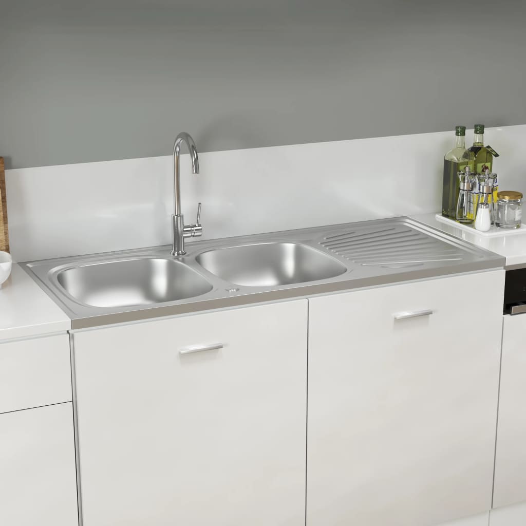 Vidaxl gootsteen dubbele bak 1200x600x155 mm roestvrij staal zilver