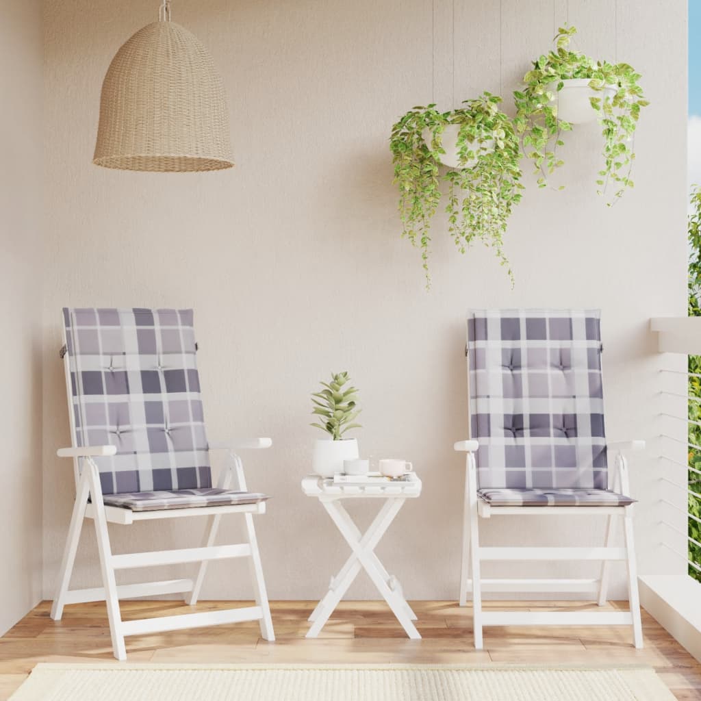 VidaXL Tuinstoelkussens 2 st hoge rug ruitpatroon 120x50x3 cm grijs