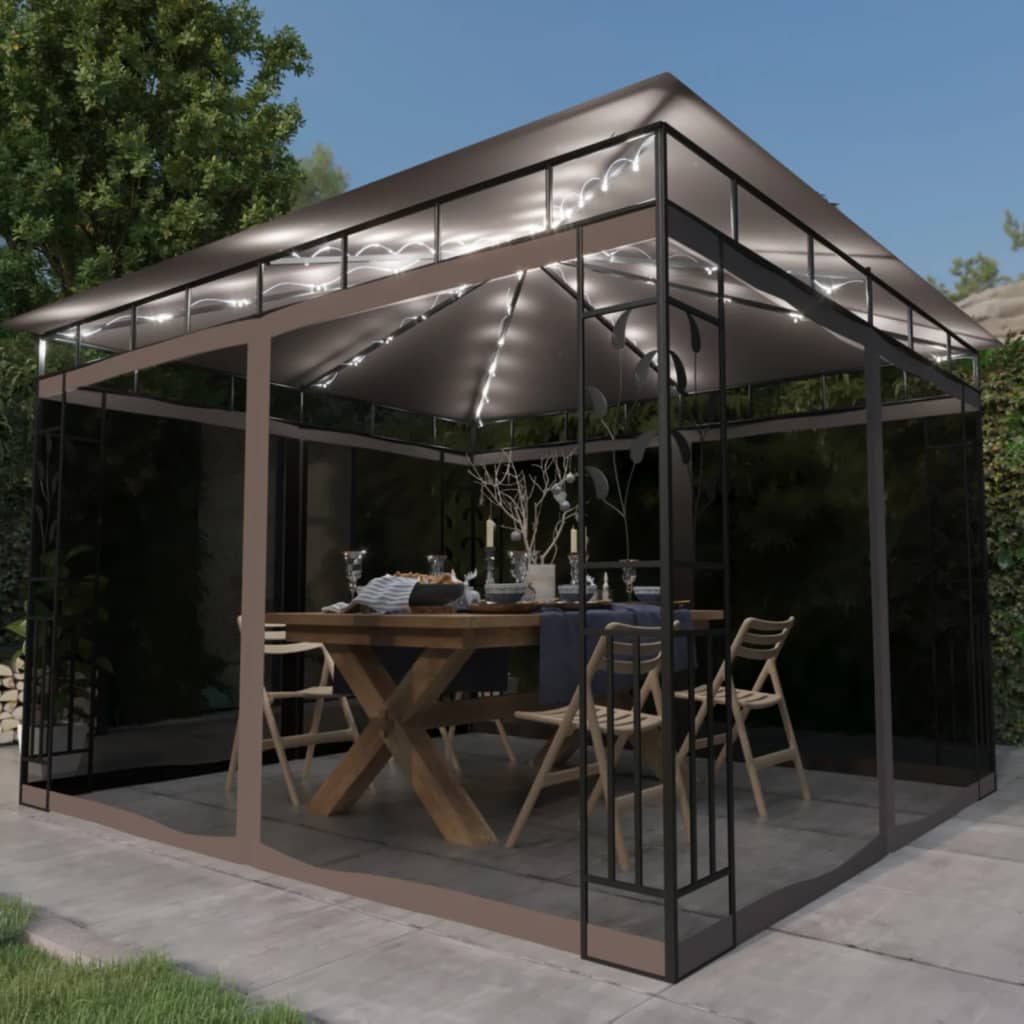 VidaXL Prieel met klamboe en LED-lichtslinger 3x3x2,73 m taupe