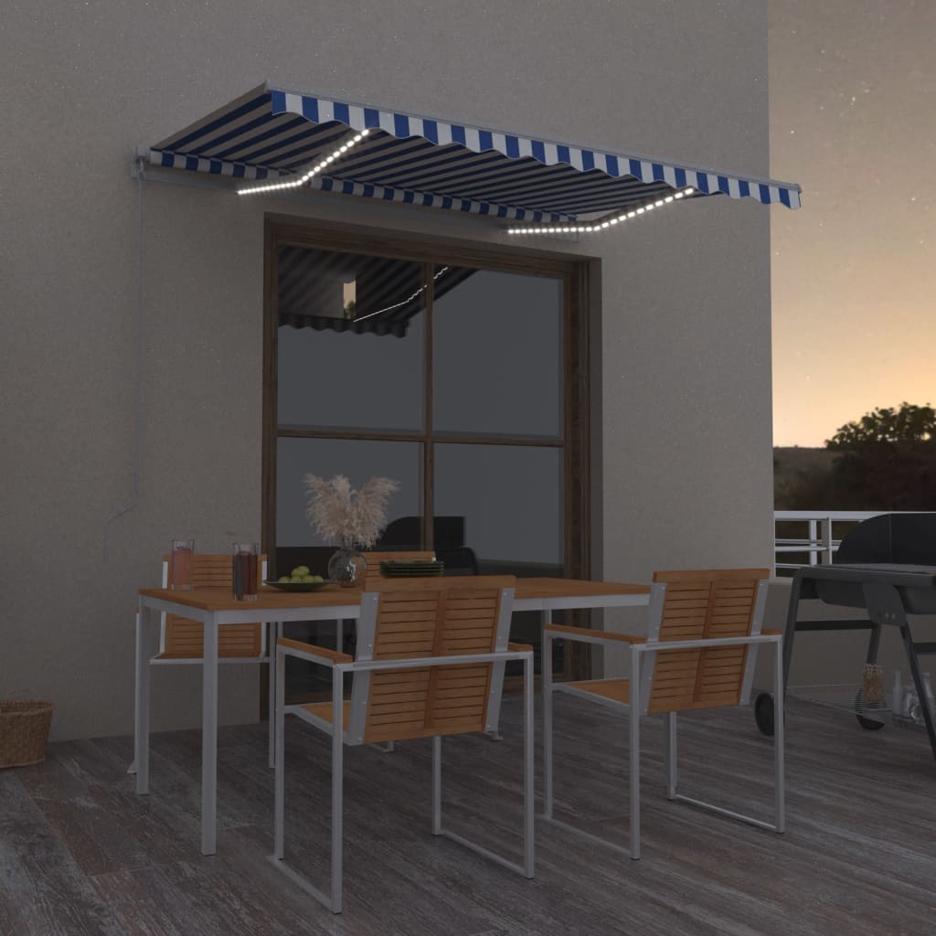 Vidaxl luifel handmatig uittrekbaar met led 300x250 cm blauw en wit