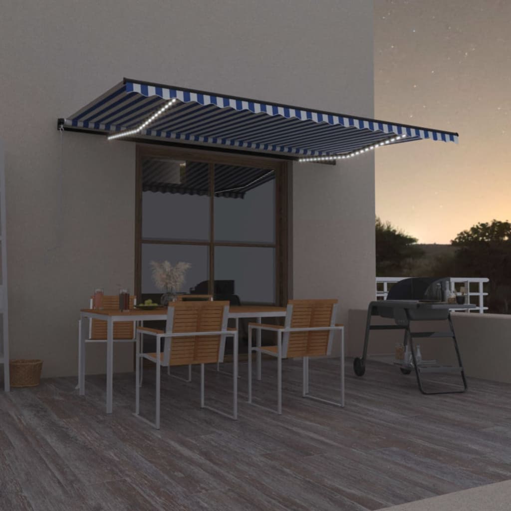 VidaXL Luifel handmatig uittrekbaar met LED 500x300 cm blauw en wit