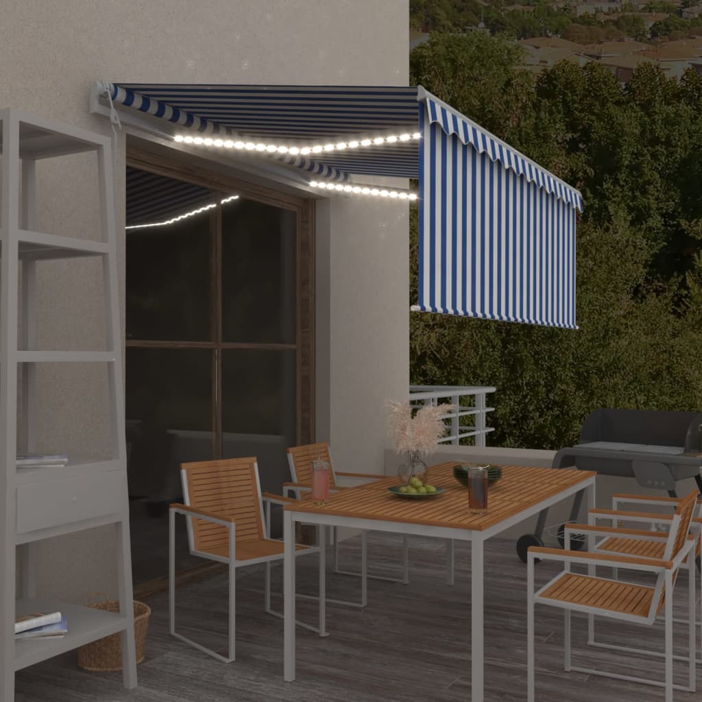 VidaXL Luifel met rolgordijn, LED en windsensor 3x2,5 m blauw en wit