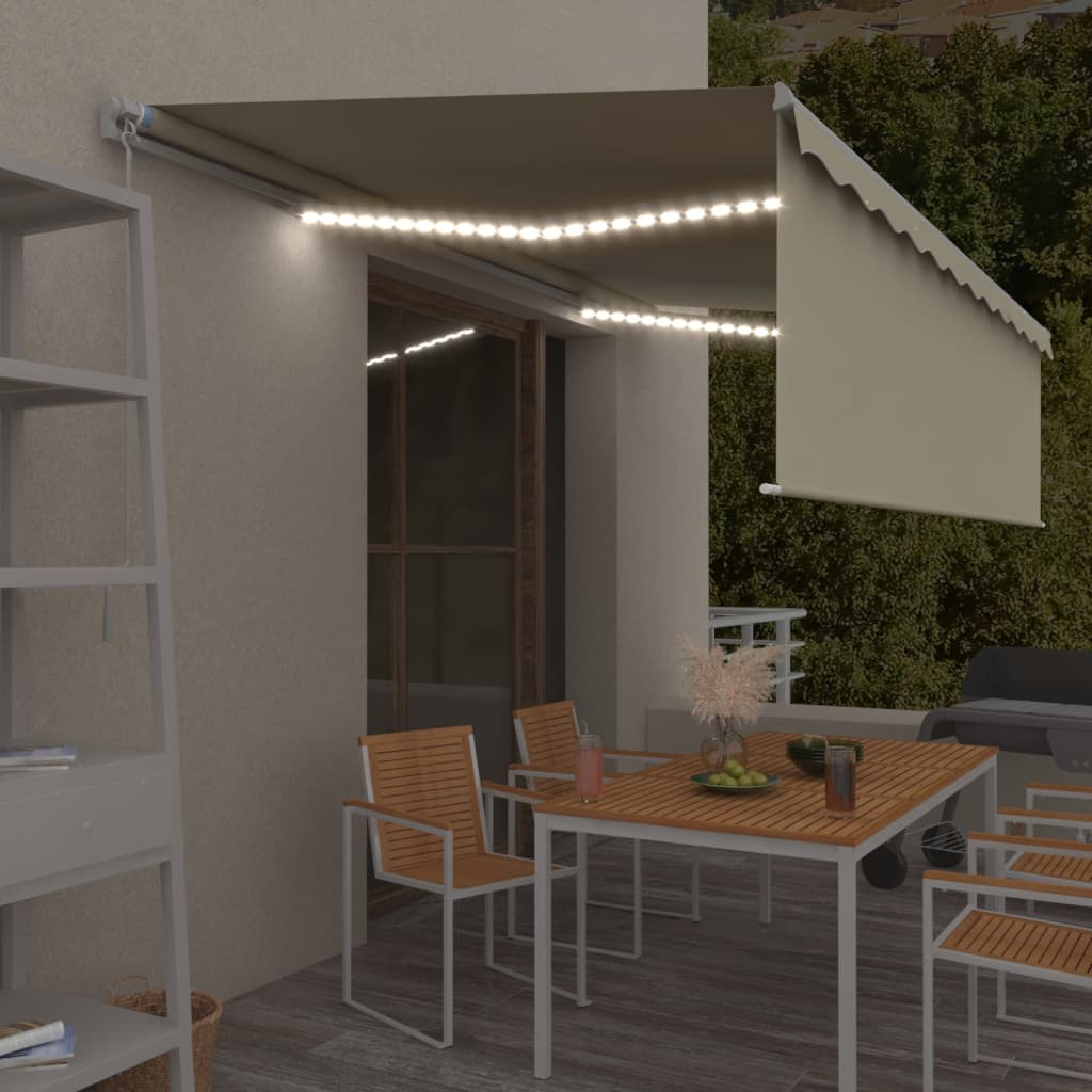 VidaXL Luifel handmatig uittrekbaar met rolgordijn en LED 5x3 m crème