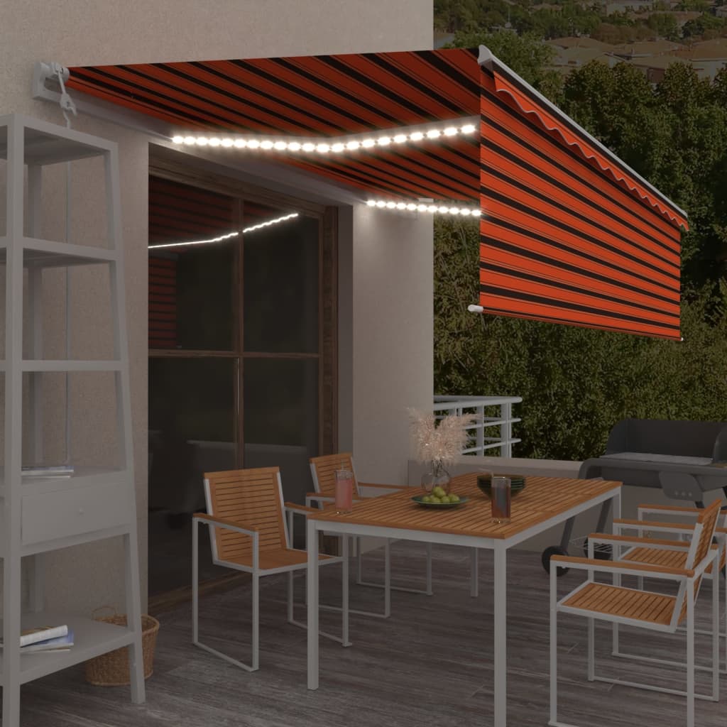 VidaXL Luifel automatisch rolgordijn LED windsensor 5x3 m oranje bruin