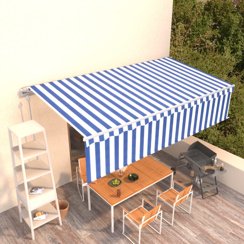 VidaXL Luifel automatisch uittrekbaar met rolgordijn 6x3 m blauw wit