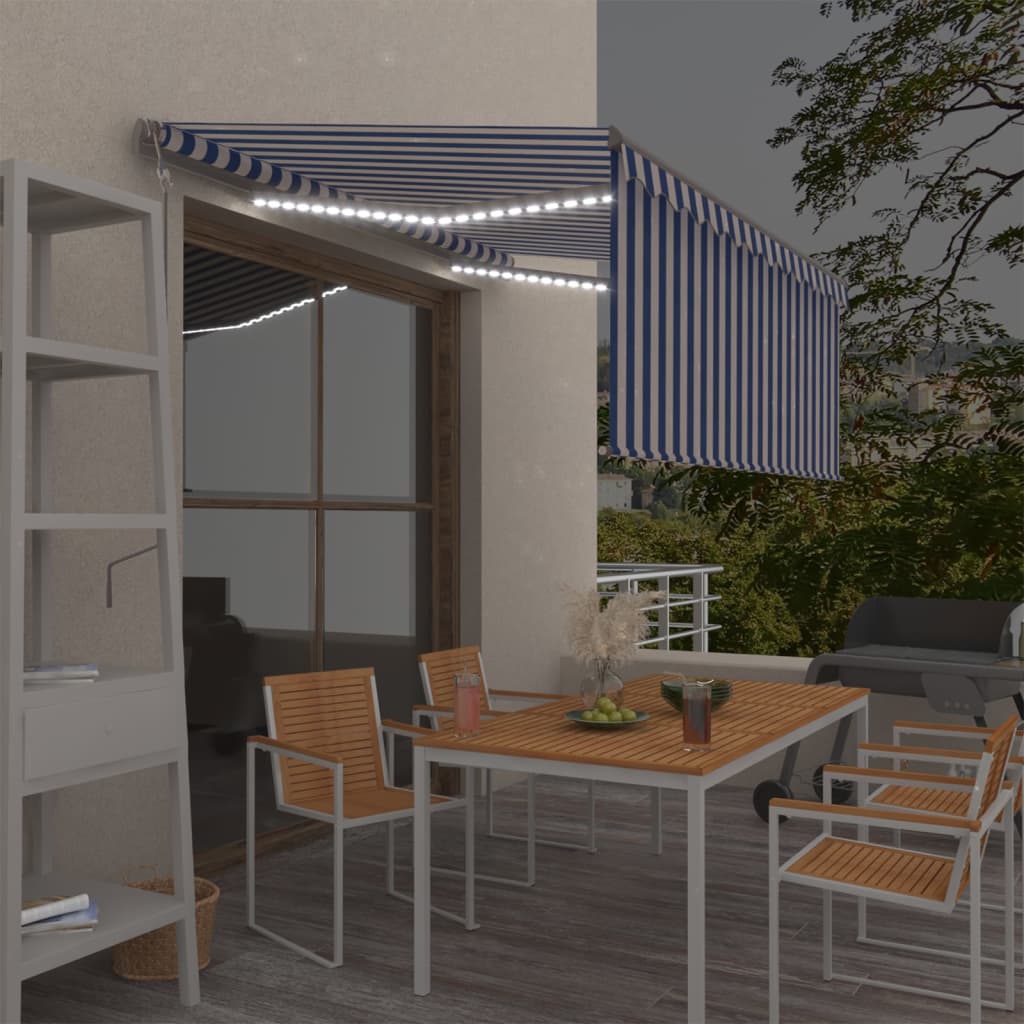 VidaXL Luifel automatisch met gordijn LED windsensor 3x2,5 m blauw wit