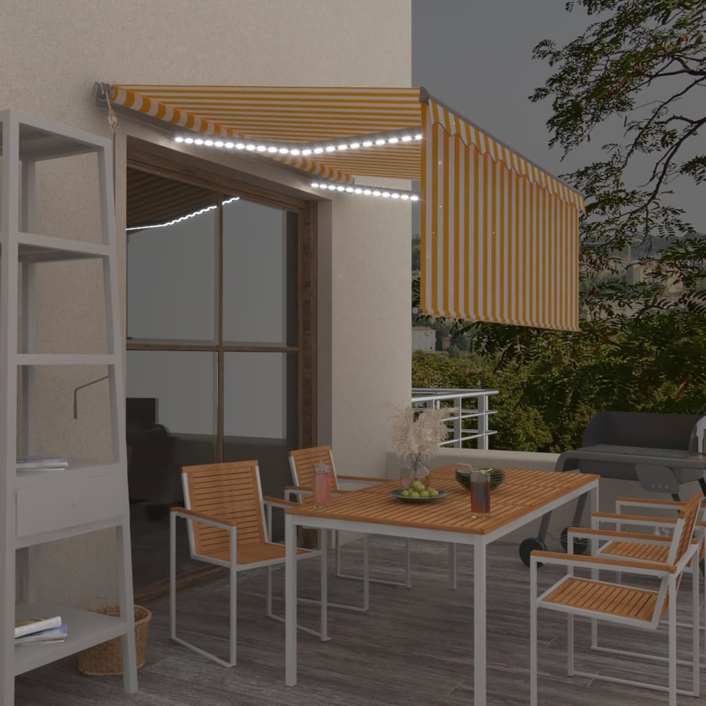 VidaXL Luifel automatisch rolgordijn LED windsensor 3,5x2,5 m geel wit