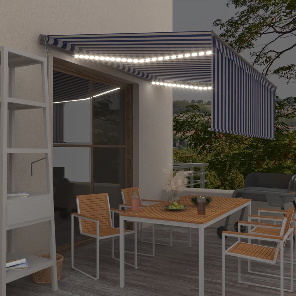 VidaXL Luifel automatisch rolgordijn LED windsensor 4x3 m blauw en wit