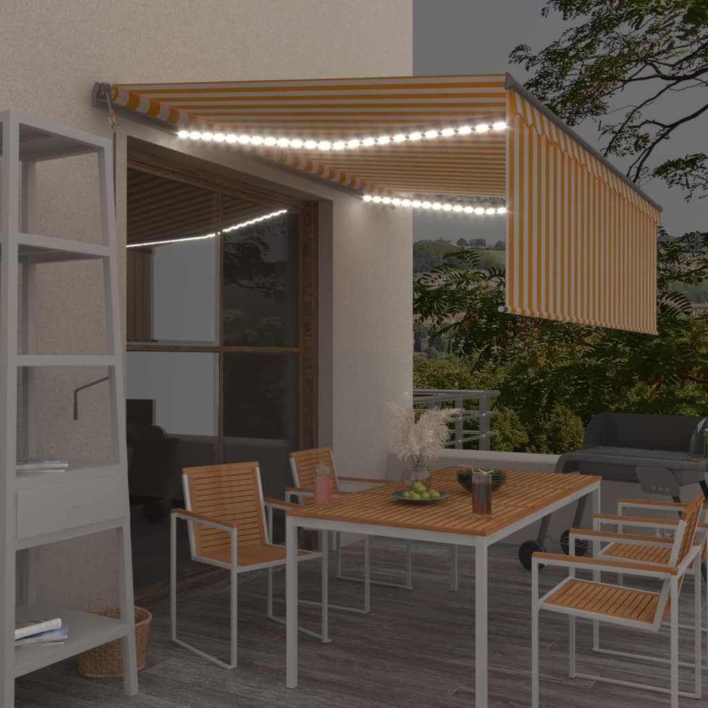 VidaXL Luifel automatisch rolgordijn LED windsensor 4x3 m geel en wit