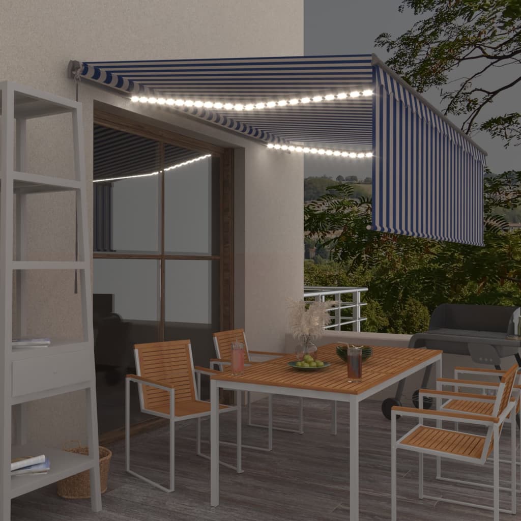 VidaXL Luifel handmatig uittrekbaar rolgordijn LED 4,5x3 m blauw wit