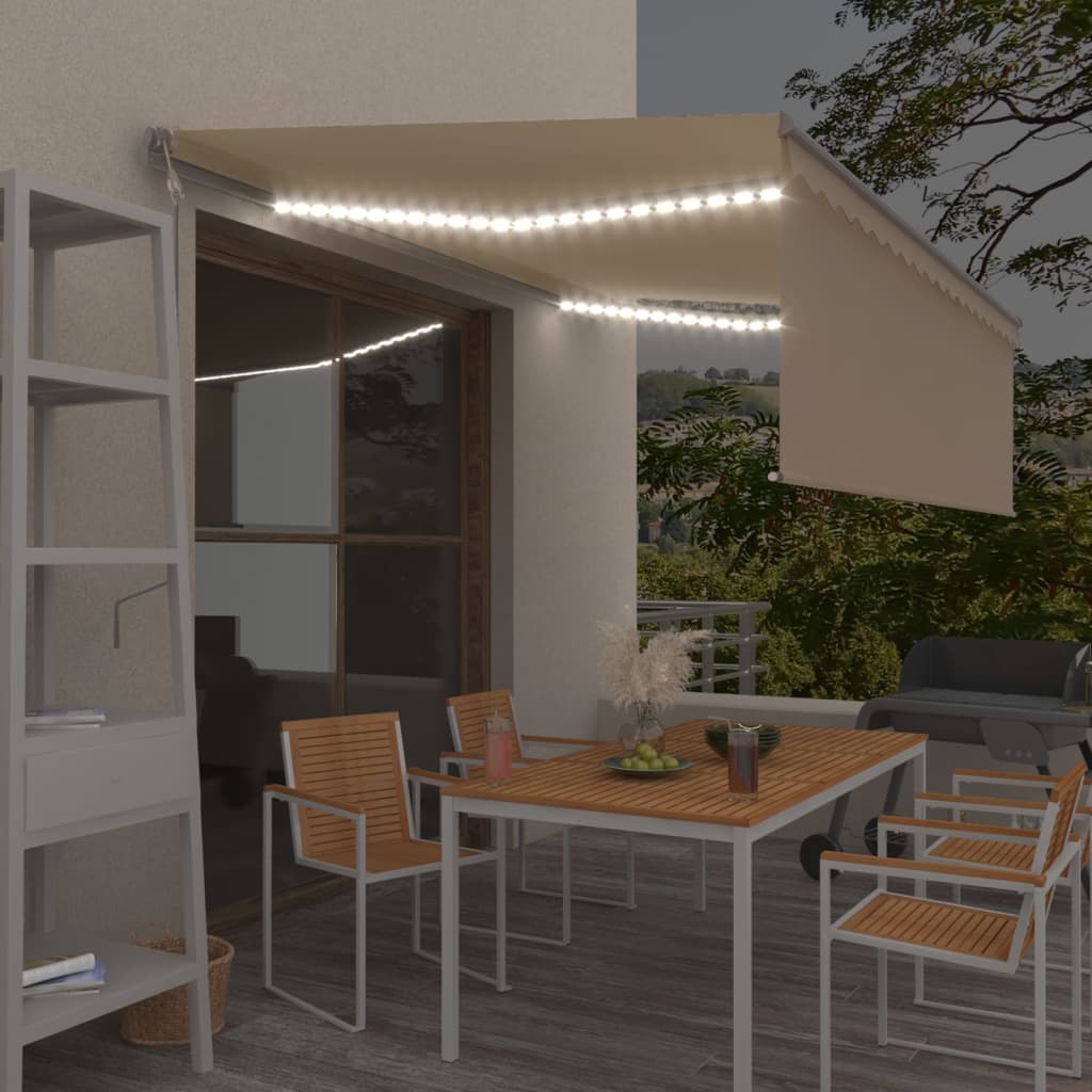 VidaXL Luifel met rolgordijn, LED en windsensor 4,5x3 m crèmekleurig