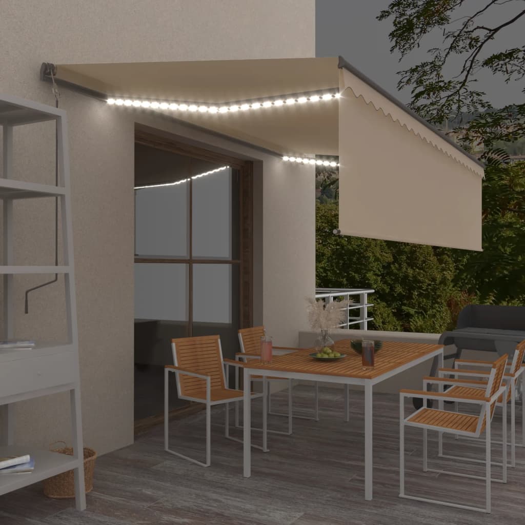 VidaXL Luifel handmatig uittrekbaar met rolgordijn en LED 5x3 m crème