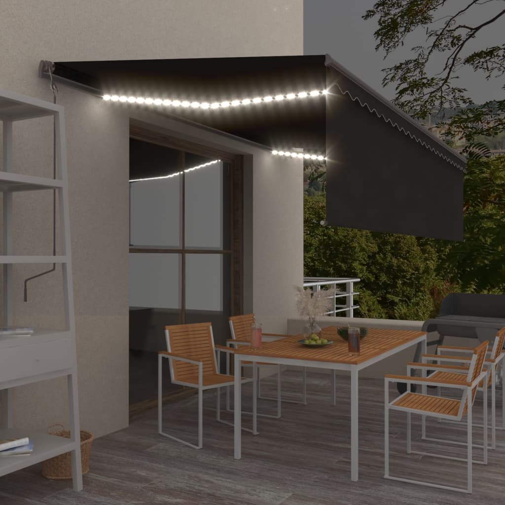 VidaXL Luifel handmatig uittrekbaar met rolgordijn LED 5x3 m antraciet