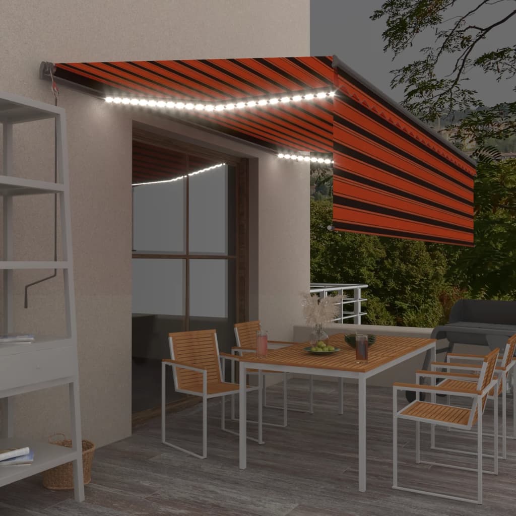VidaXL Luifel automatisch rolgordijn LED windsensor 5x3 m oranje bruin