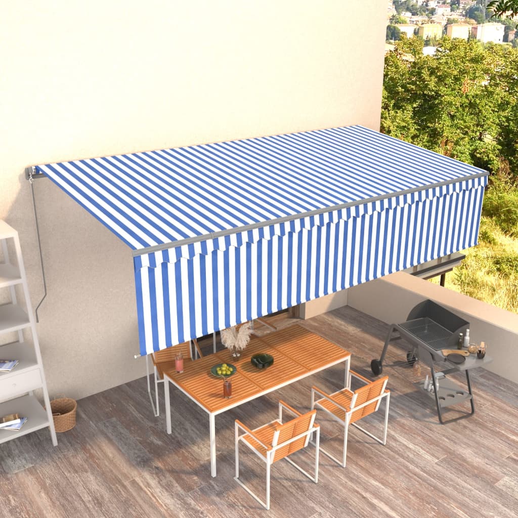 VidaXL Luifel handmatig uittrekbaar met rolgordijn 6x3 m blauw en wit