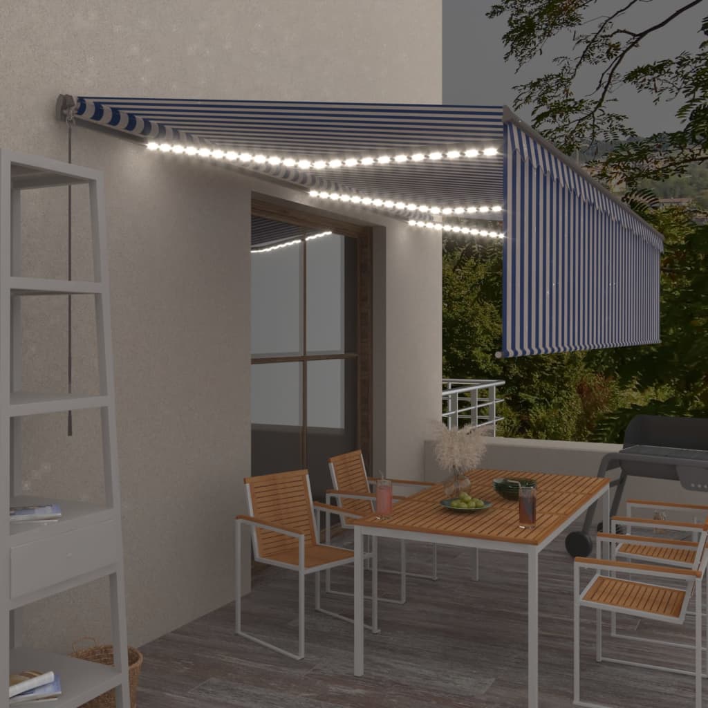 VidaXL Luifel handmatig uittrekbaar met rolgordijn LED 6x3 m blauw wit