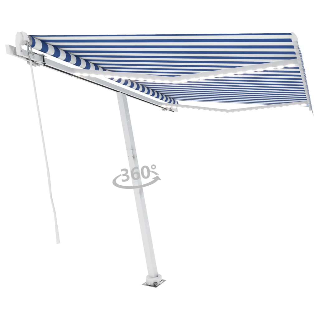 VidaXL Luifel handmatig uittrekbaar met LED 300x250 cm blauw en wit