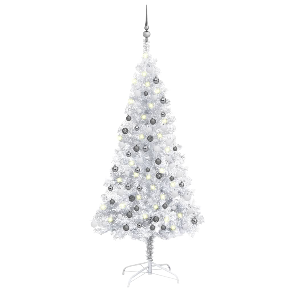 VidaXL Kunstkerstboom met verlichting en kerstballen 150 cm PET zilver