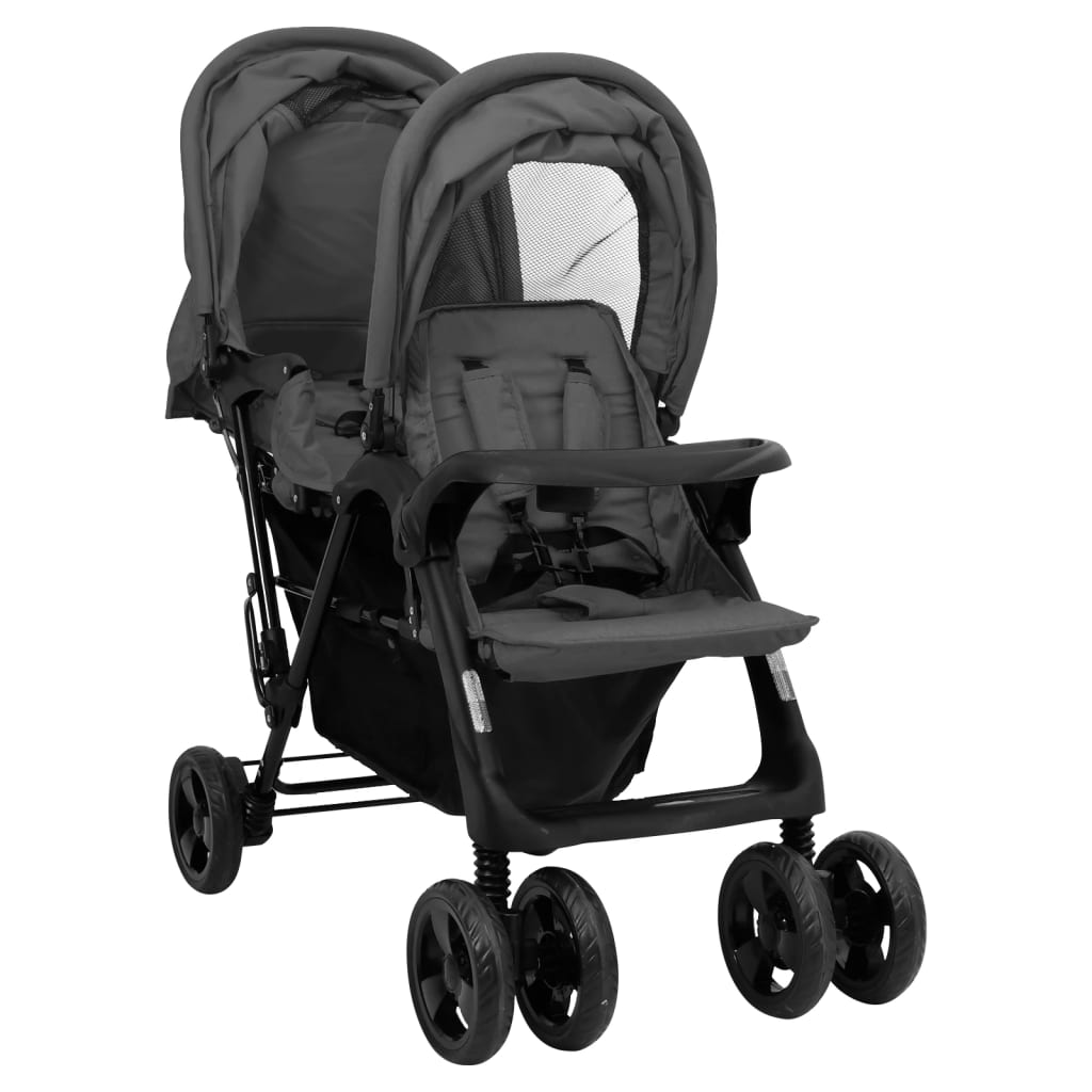 Vidaxl tweelingkinderwagen tandem staal donkergrijs