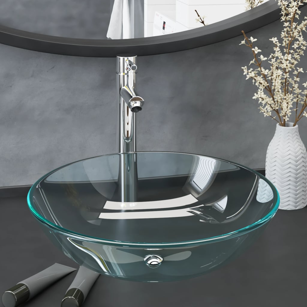 Vidaxl wastafel met kraan en pop-up afvoer gehard glas transparant